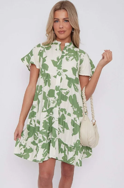 LOVE SUNSHINE Green Floral Print Short Sleeve Flared Mini Dress