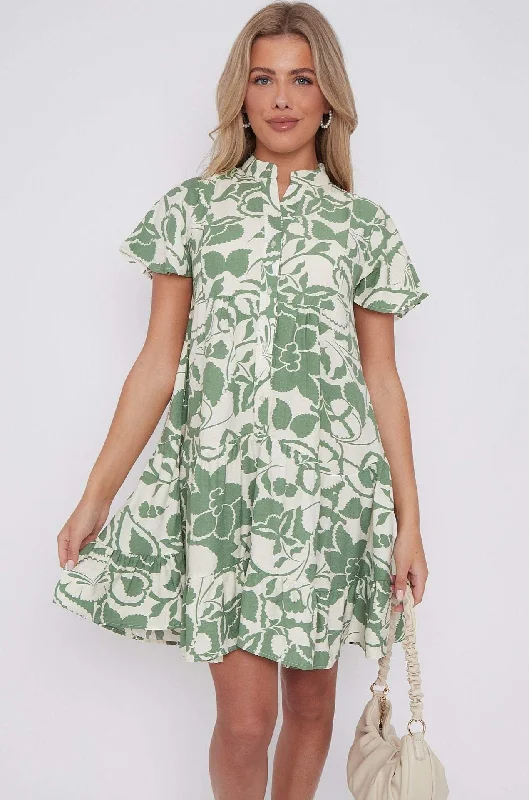 LOVE SUNSHINE Green Paisley Floral Print Short Sleeve Flared Mini Dress