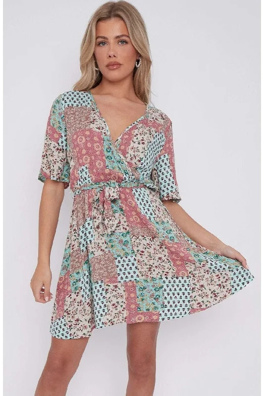 LOVE SUNSHINE Multi Floral Patch Print Wrapped Mini Dress