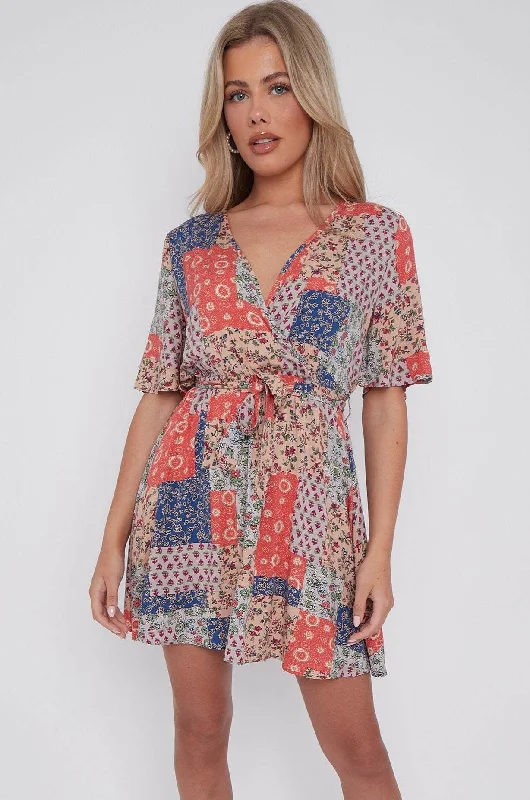 LOVE SUNSHINE Multi Floral Patch Print Wrapped Mini Dress