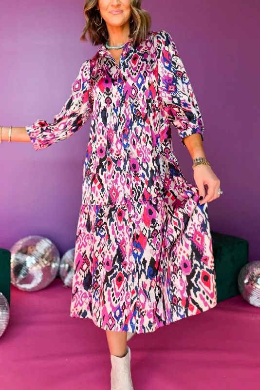 Magenta Aztec Printed Collared Button Front Tiered Midi Dress