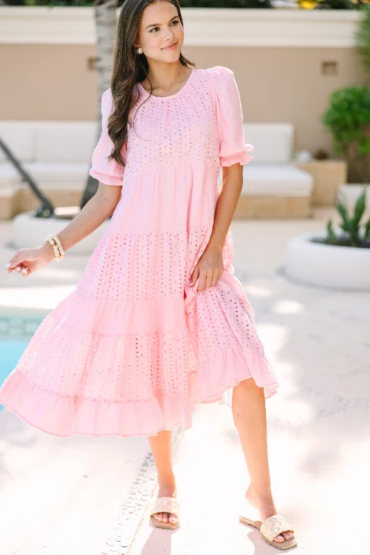 Making Moves Pink Eyelet Midi Dress