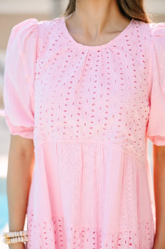 Making Moves Pink Eyelet Midi Dress