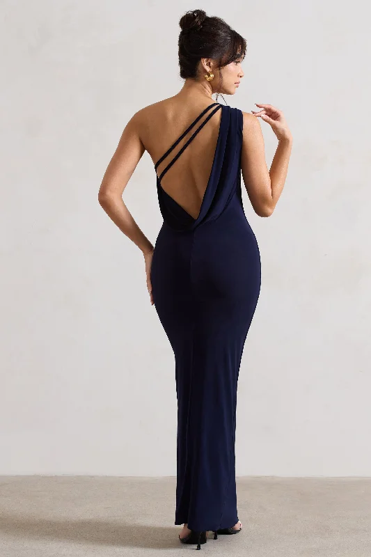 Melody | Navy One Shoulder Cowl-Back Split Maxi Dress