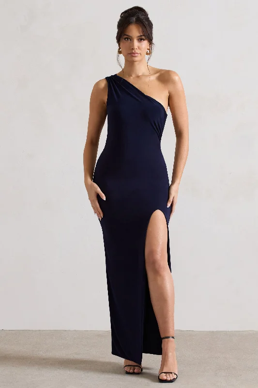 Melody | Navy One Shoulder Cowl-Back Split Maxi Dress