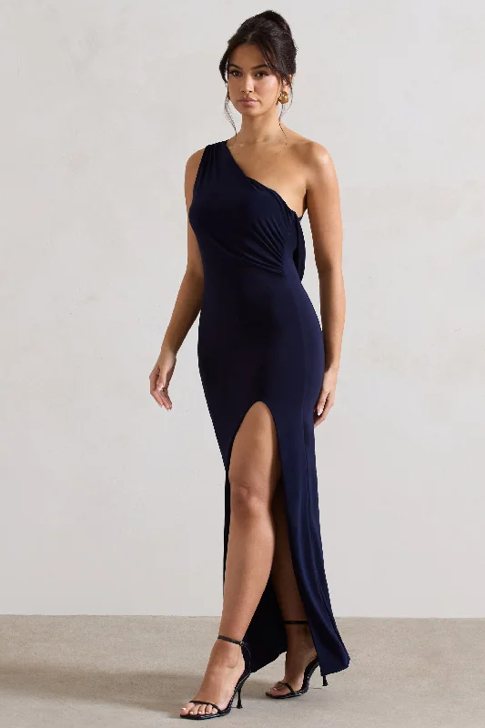 Melody | Navy One Shoulder Cowl-Back Split Maxi Dress