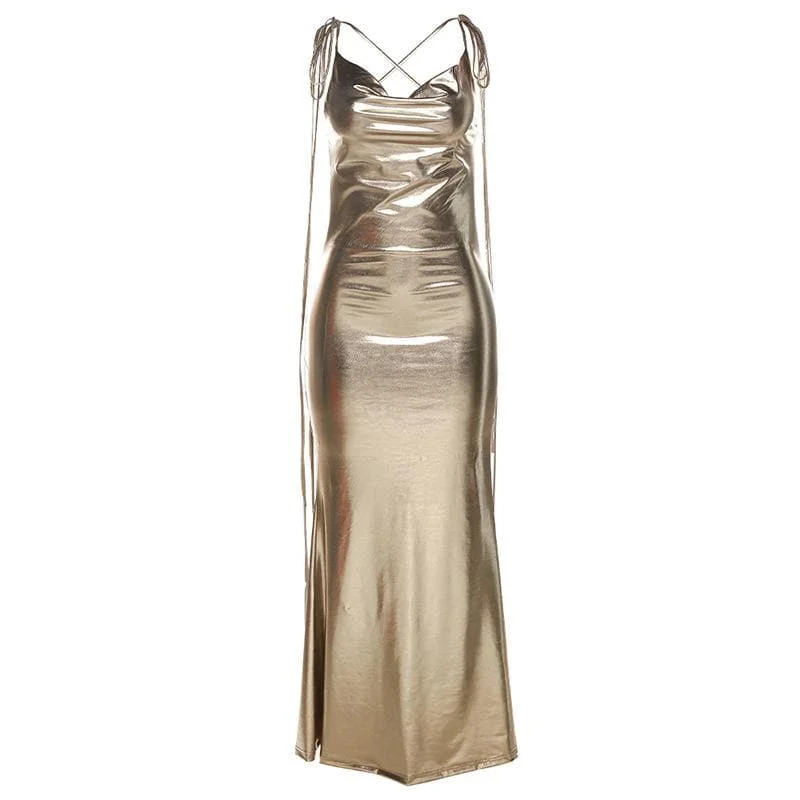 BerryBetty - Metallic cowl neck cross back self tie ruched maxi dress