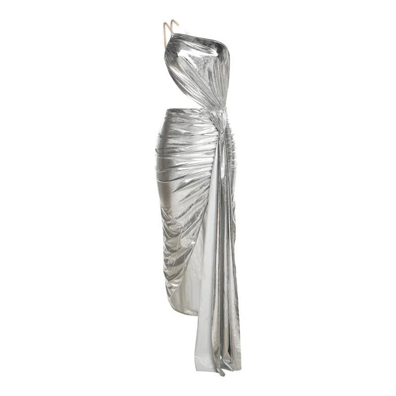 BerryBetty - Metallic one shoulder irregular backless maxi dress