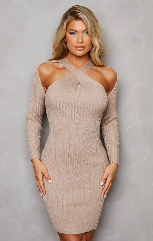 Mocha Knitted Ribbed Long Sleeve Cut-Out Bodycon Midi Dress - Bryanne