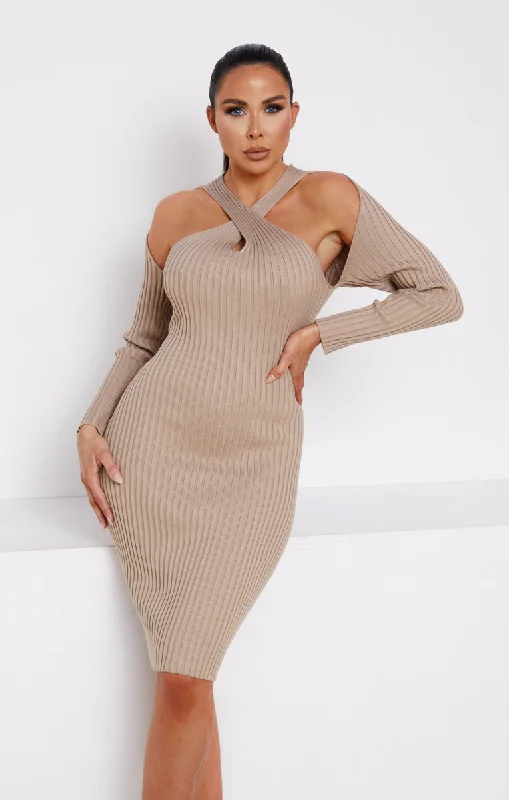 Mocha Knitted Ribbed Long Sleeve Cut-Out Bodycon Midi Dress - Bryanne