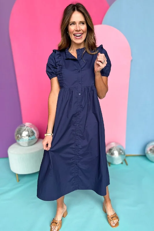 Navy Poplin Button Up Ruffle Puff Sleeve Dress