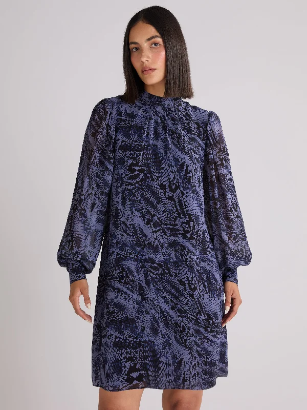 Navy Snake Print High Neck Dress