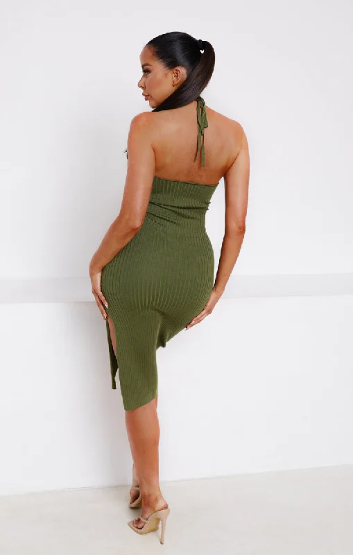 Olive Knitted Rib Halter Neck Bodycon Midi Dress-True