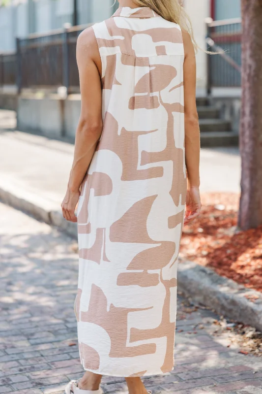 On Your Time Taupe Abstract Midi Dress