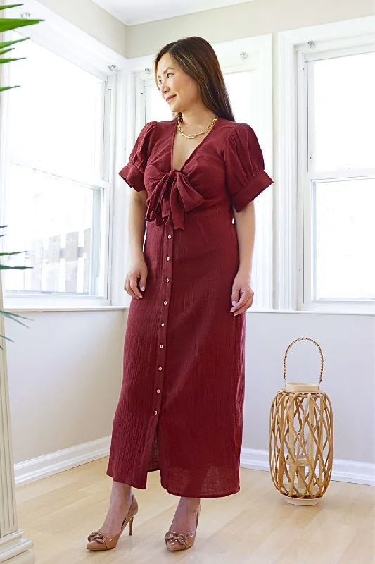 Petite Bow Tie Button Up Midi Dress (Chestnut)