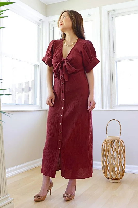 Petite Bow Tie Button Up Midi Dress (Chestnut)