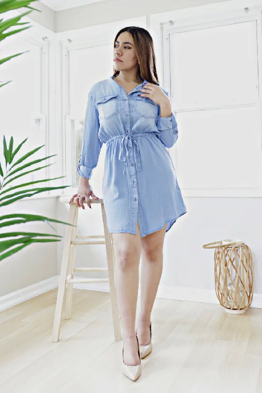 Petite Long Sleeve Button Down Elastic Waist Chambray Shirt Dress (Denim)