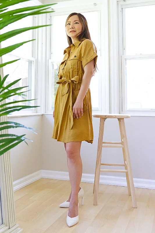 Petite Button-Up Short Sleeve Utility Dress (Khaki)