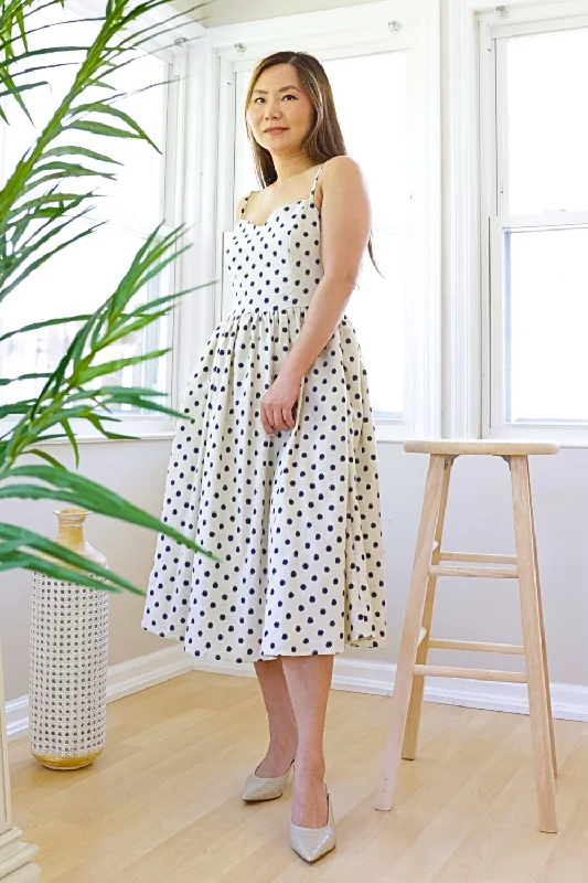 Petite Polka Dot Print Fit & FLare Midi Dress (Cream/Navy)