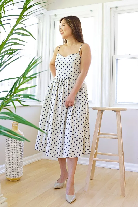 Petite Polka Dot Print Fit & FLare Midi Dress (Cream/Navy)