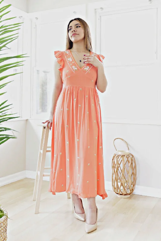 Petite V Neck Embroidered Belted A Line Midi Dress (Coral)