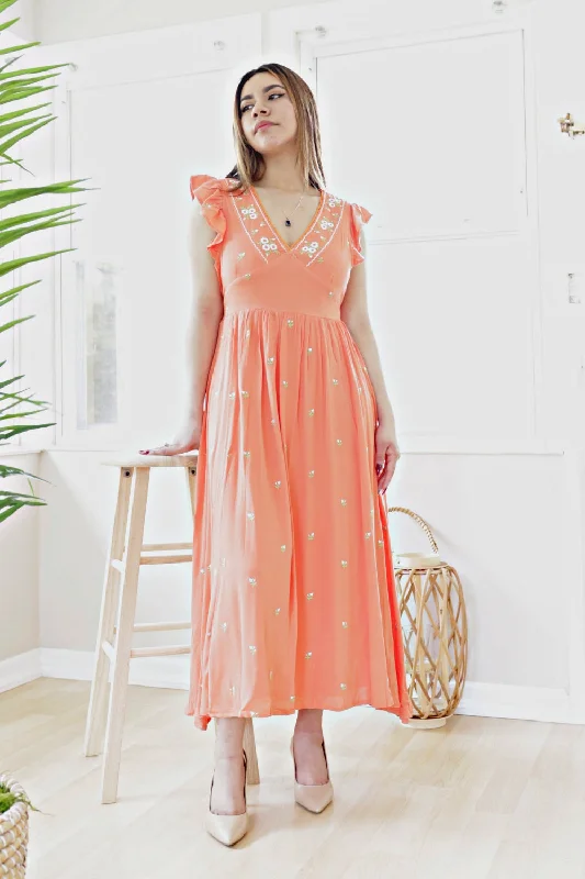 Petite V Neck Embroidered Belted A Line Midi Dress (Coral)