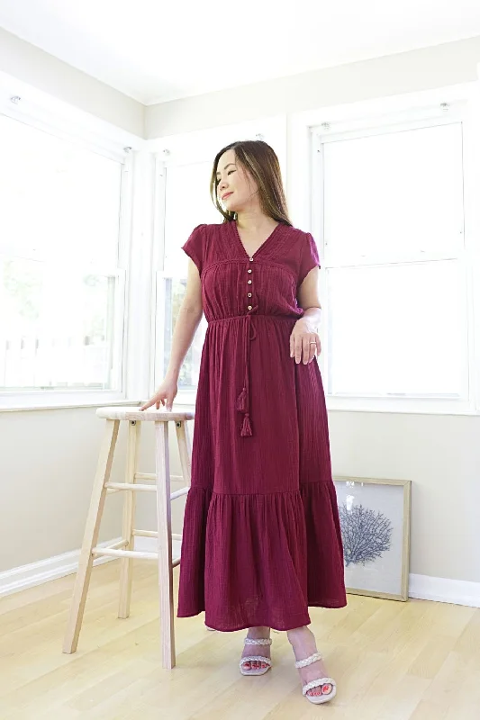 Petite Embroidered Tie Front Midi Dress (Merlot)