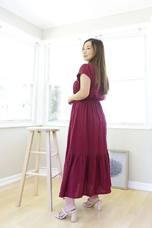 Petite Embroidered Tie Front Midi Dress (Merlot)