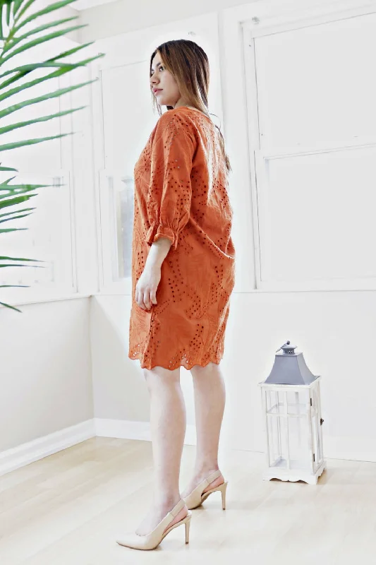 Petite Three Quarter Sleeve Cotton Eyelet Lace Shift Dress (Terracotta)