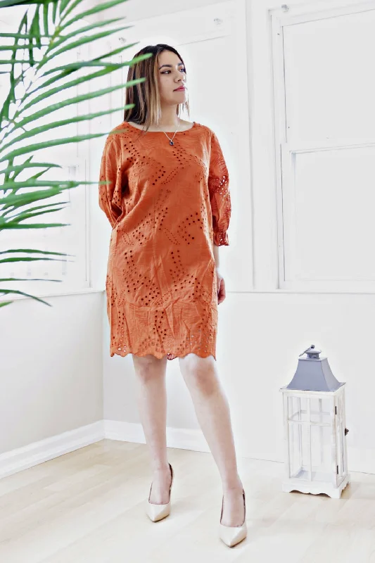 Petite Three Quarter Sleeve Cotton Eyelet Lace Shift Dress (Terracotta)