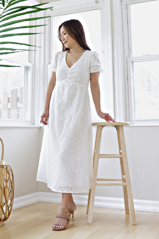 Petite Eyelet Short Sleeve Cotton Midi Dress (White)