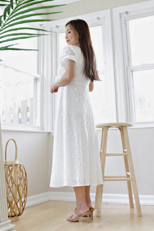 Petite Eyelet Short Sleeve Cotton Midi Dress (White)