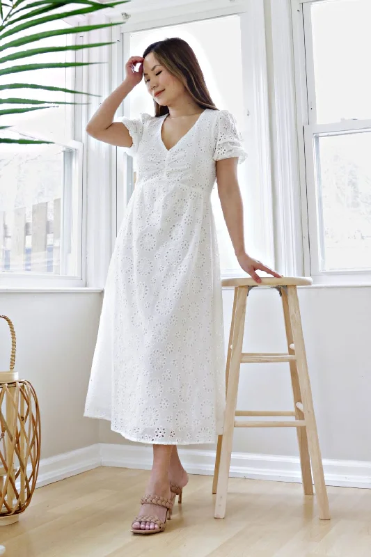 Petite Eyelet Short Sleeve Cotton Midi Dress (White)