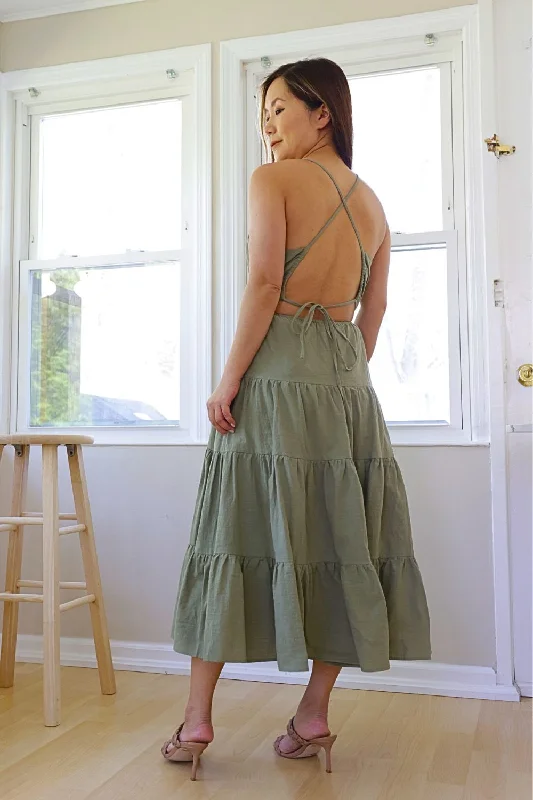 Petite Strappy Back Fit & Flare Midi Dress (Olive)