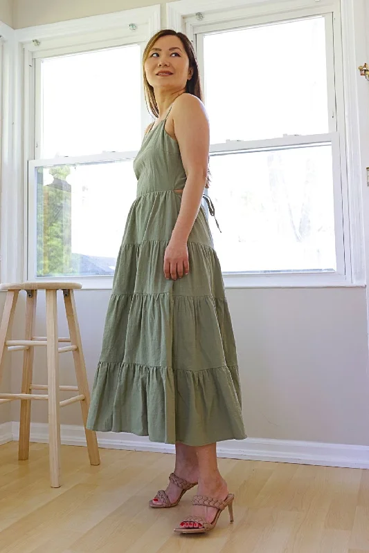 Petite Strappy Back Fit & Flare Midi Dress (Olive)