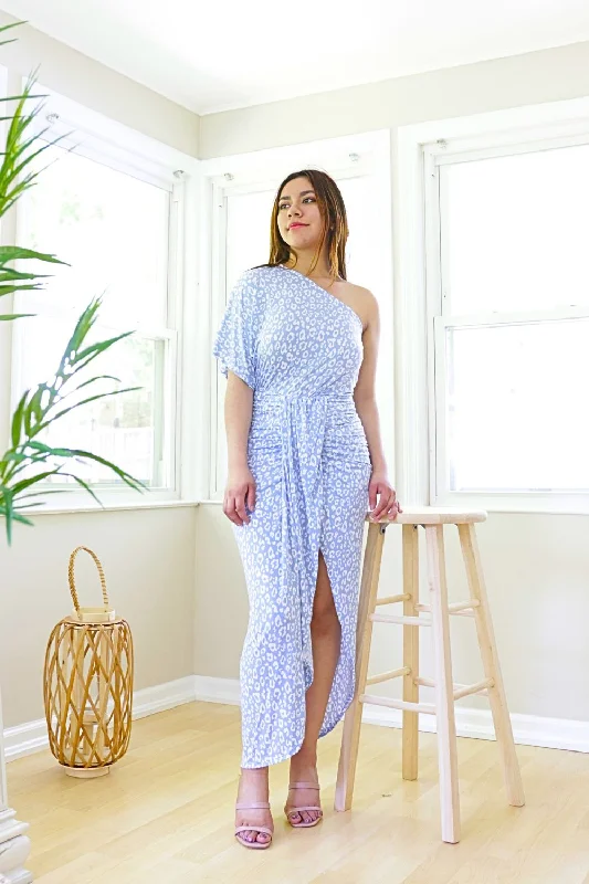 Petite Leopard Draped Dress (Dusty Blue)