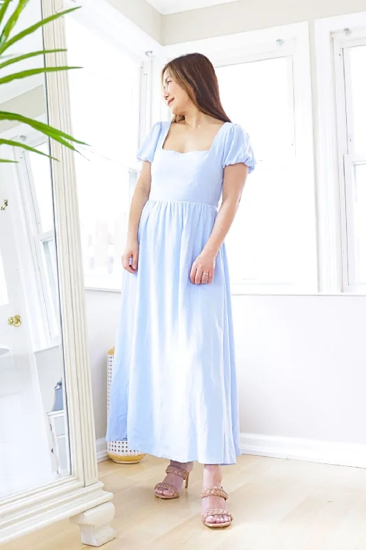 Petite Short Puff Sleeve Open Back Maxi Dress (Baby Blue)