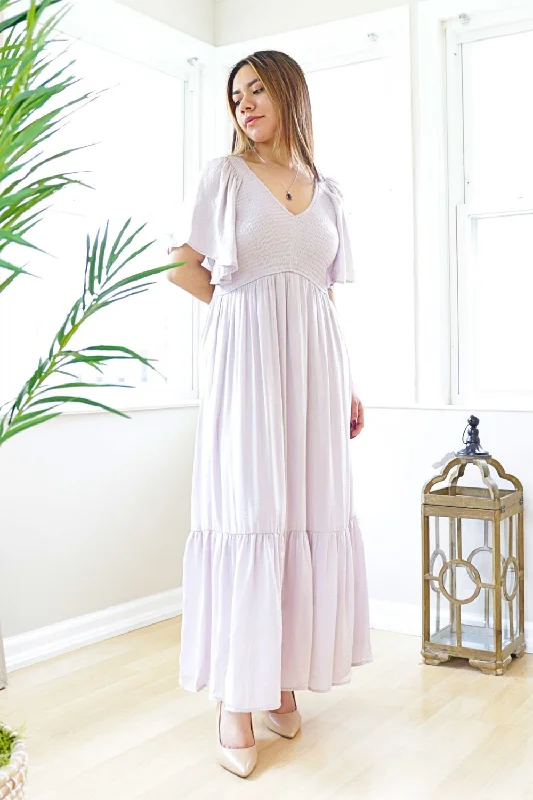 Petite V Neck Smocked Satin Maxi Dress (Dawn Gray)