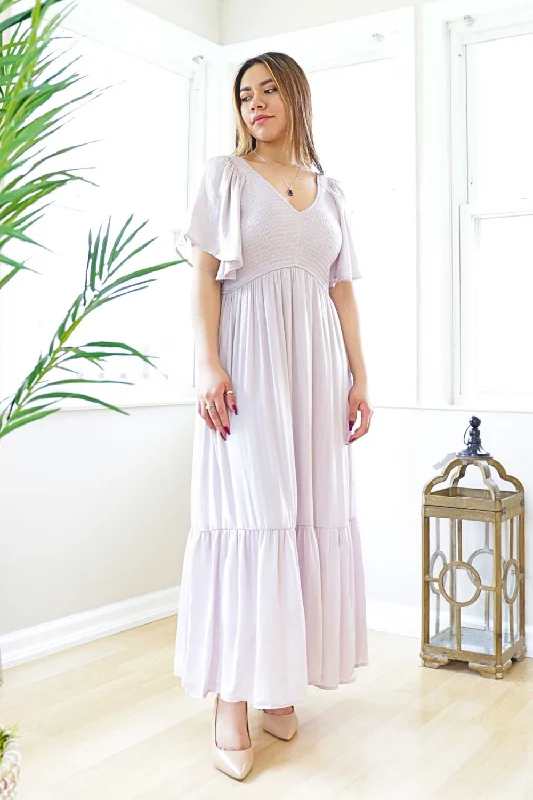 Petite V Neck Smocked Satin Maxi Dress (Dawn Gray)