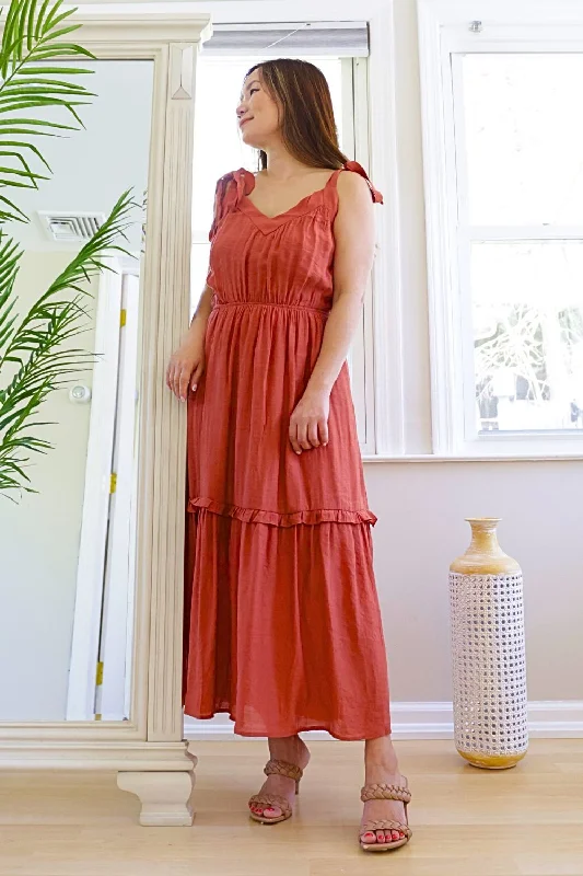 Petite Self Tie Shoulder A line Maxi Dress (Brick)