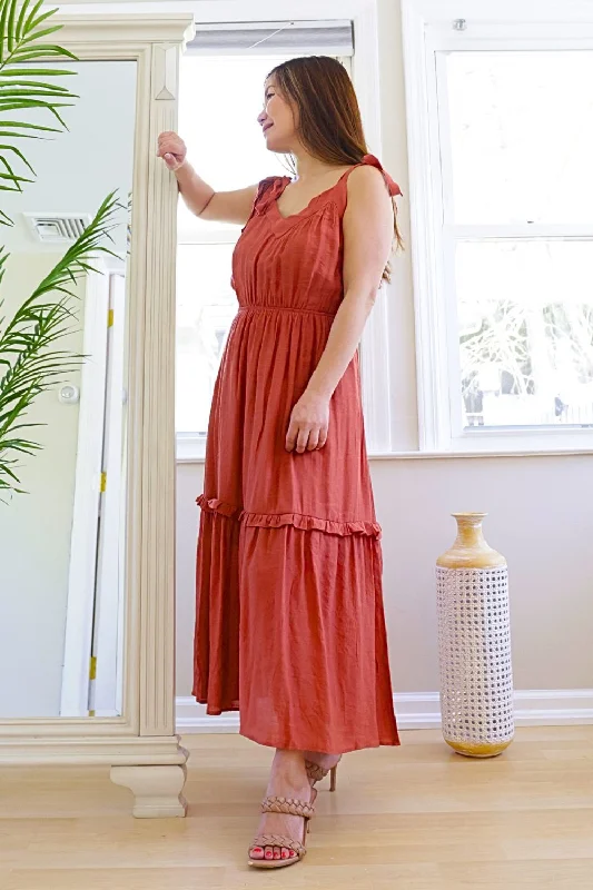 Petite Self Tie Shoulder A line Maxi Dress (Brick)