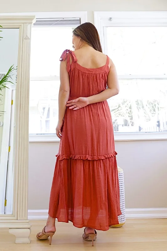 Petite Self Tie Shoulder A line Maxi Dress (Brick)