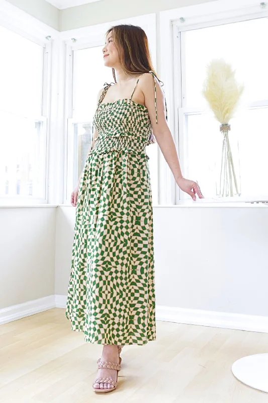 Petite Smocked Midi Dress (Green Abstract)