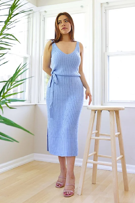 Petite Tank Rib Slit Midi Dress (Light Blue)