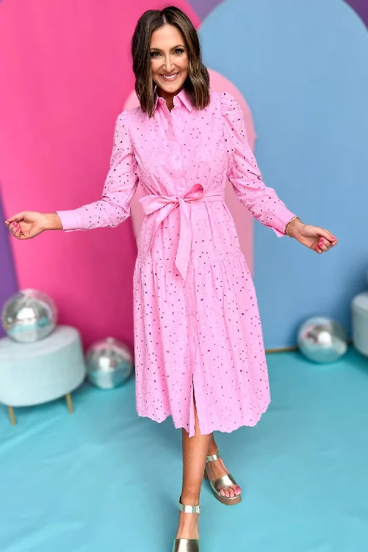 Pink Collared Button Front Self Tie Eyelet Midi Dress