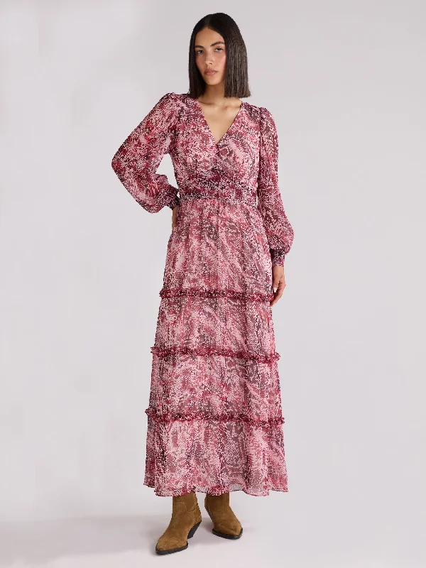 Pink Snake Print Frill Detail Maxi Dress