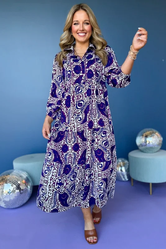 Purple Paisley Printed Split Neck Tiered 3/4 Balloon Sleeve Midi Dress