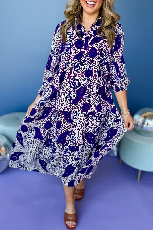 Purple Paisley Printed Split Neck Tiered 3/4 Balloon Sleeve Midi Dress