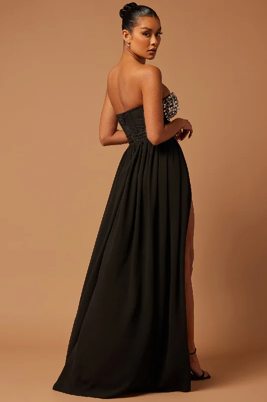 Raven Embellished Chiffon Gown - Black