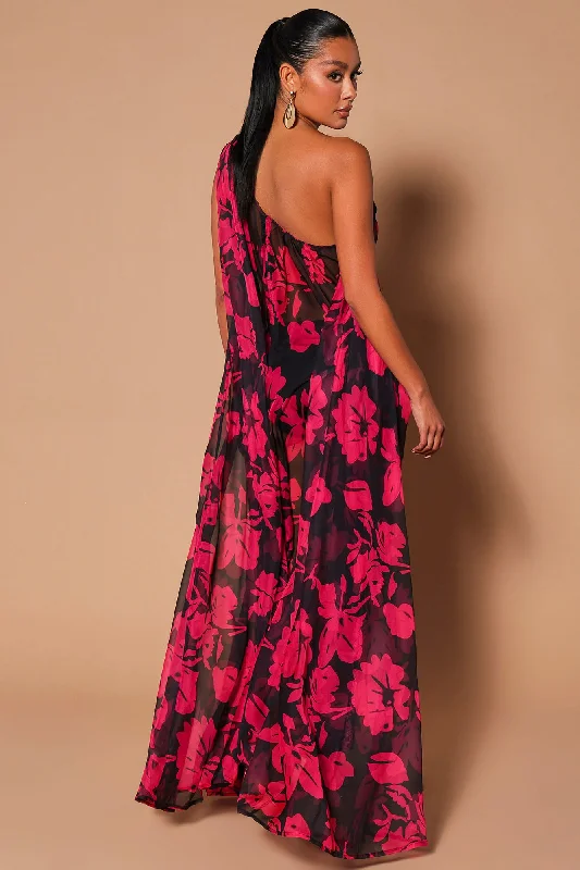 Rosalia Chiffon Kaftan Maxi Dress - Black/Pink